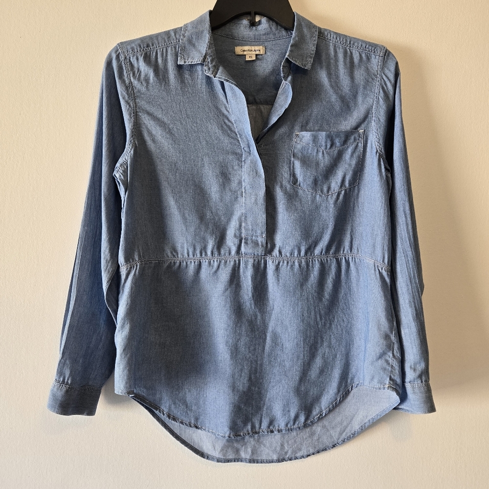 Calvin Klein Blue Chambray Lightweight Long Sleeve Tunic Blouse Top Size XS